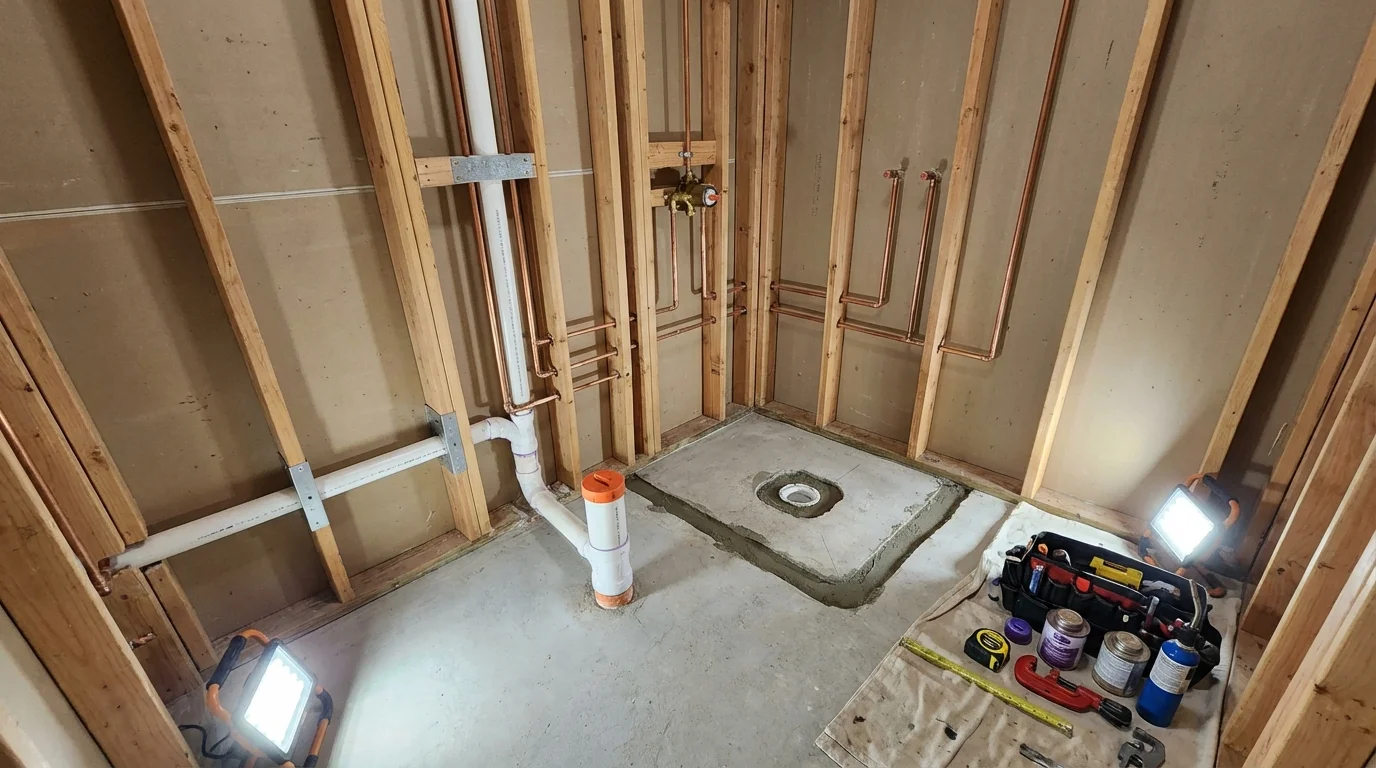 Bathroom rough-in plumbing during remodel by Johns Plumbing LLC in Tuscumbia