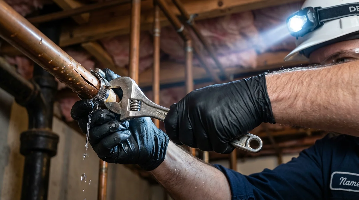 Emergency pipe clamp repair being performed by a Johns Plumbing LLC plumber in Tuscumbia