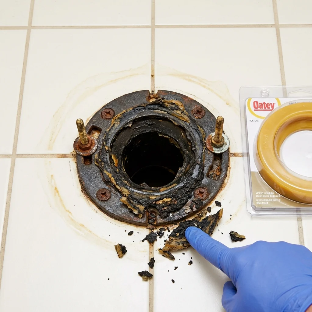 Failed wax ring showing water seepage at the base of a toilet in a Tuscumbia, AL home