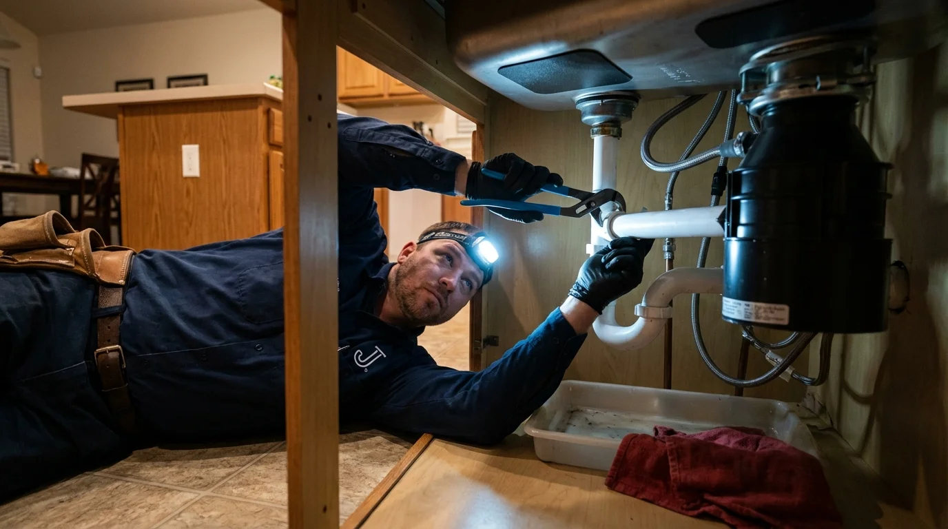 P-trap and supply line connections under a kitchen sink showing a common leak point in Tuscumbia, AL